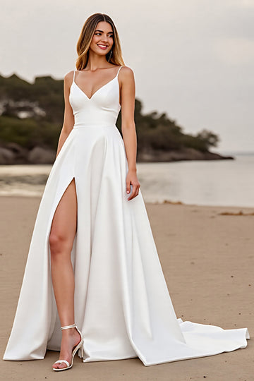 White Simple Satin A Line Wedding Dress with Slit
